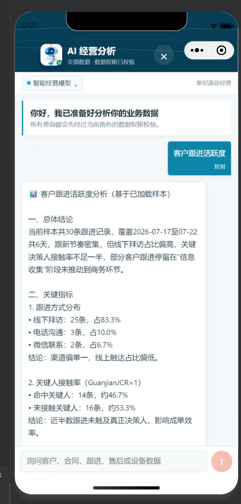 手机端 AI 经营分析展示客户跟进活跃度指标